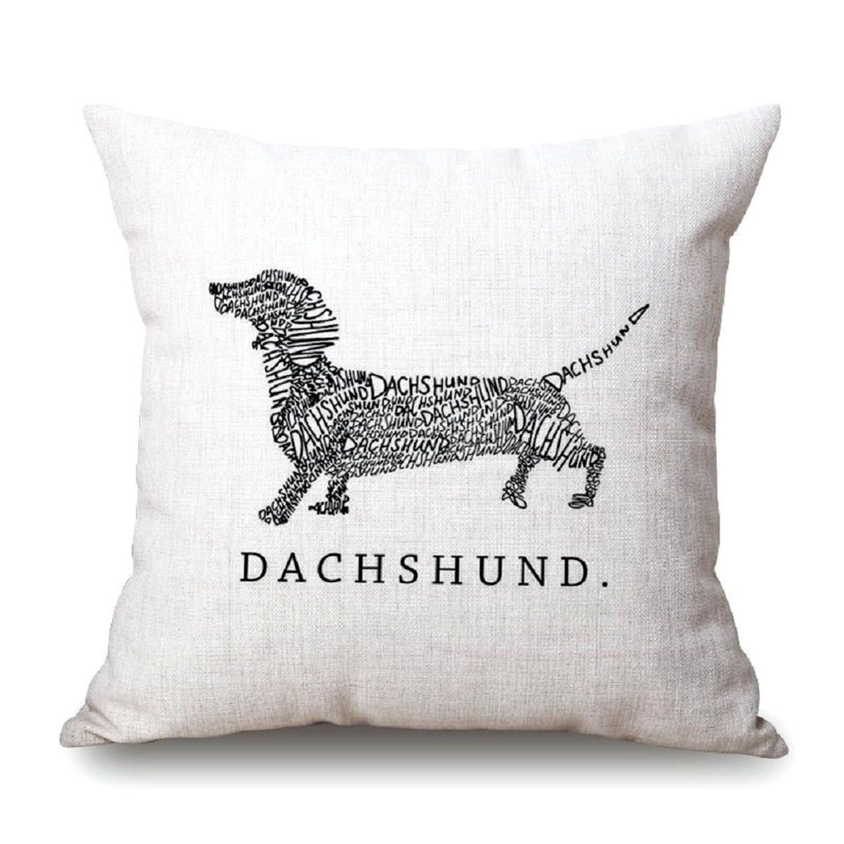 Cream pillow cushion cover with black dachshund illustration and text on a white background