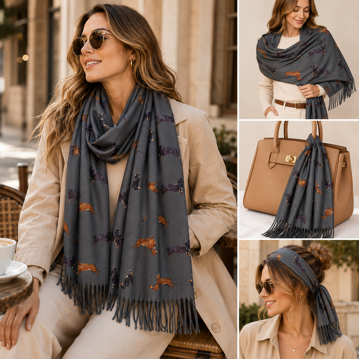 A dark grey patterned scarf with fringe and dachshund dog prints is shown worn by a woman in a beige coat, plus in separate panels draped over a tan handbag and styled as a headband. No visible brand text appears.