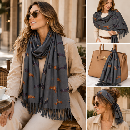 A dark grey patterned scarf with fringe and dachshund dog prints is shown worn by a woman in a beige coat, plus in separate panels draped over a tan handbag and styled as a headband. No visible brand text appears.
