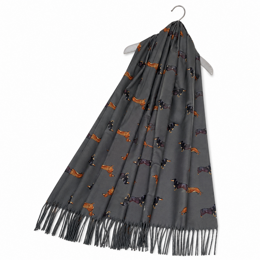 Gray scarf with dachshund sausage dog pattern on a white background