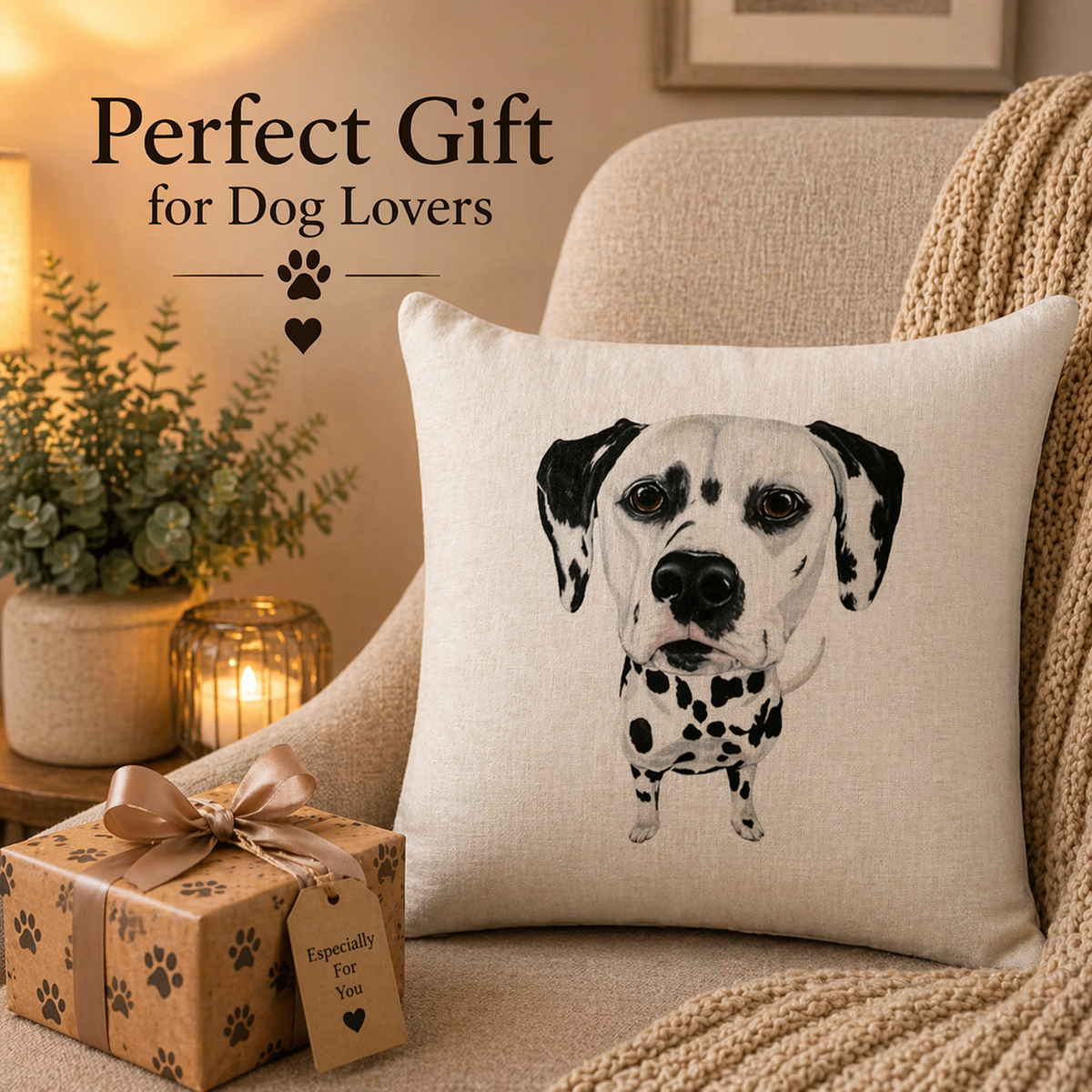 A square beige cushion cover pillow featuring a black-and-white Dalmatian dog illustration, styled on a beige armchair with a knitted blanket, a wrapped gift box, and a potted plant in a cosy indoor setting. Text on the image reads 'Perfect Gift for Dog Lovers' with paw icons.