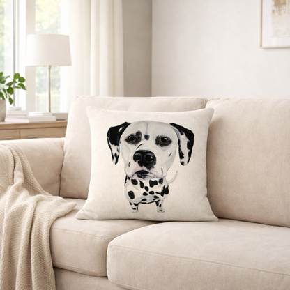A square cushion cover pillow featuring a black and white painted Dalmatian dog face, resting on a beige sofa in a bright, modern living room.