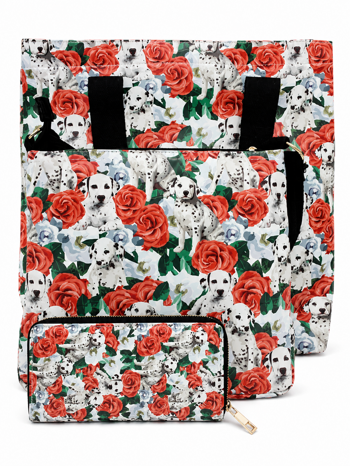 A matching backpack and zippered pouch set featuring a Dalmatian print with red roses, green leaves, and blue flowers on a white background.
