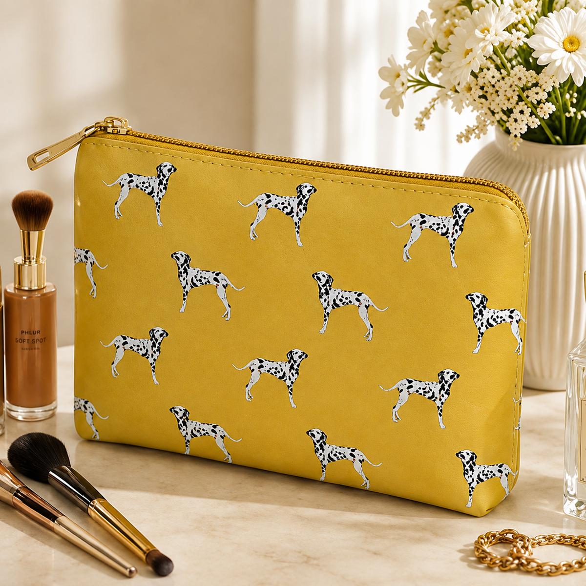 A mustard zipped cosmetic bag with a repeating Dalmatian print, styled on a marble surface with makeup brushes, a gold chain, and a vase of white flowers in the background.