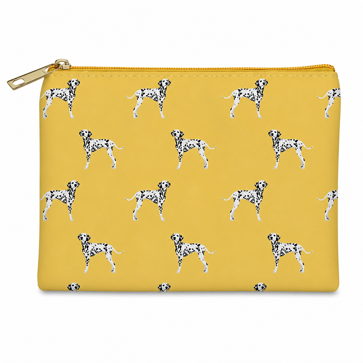 A mustard zippered cosmetic bag featuring an all-over print of Dalmatian dogs, with a gold zipper and pull tab, shown on a plain white background.