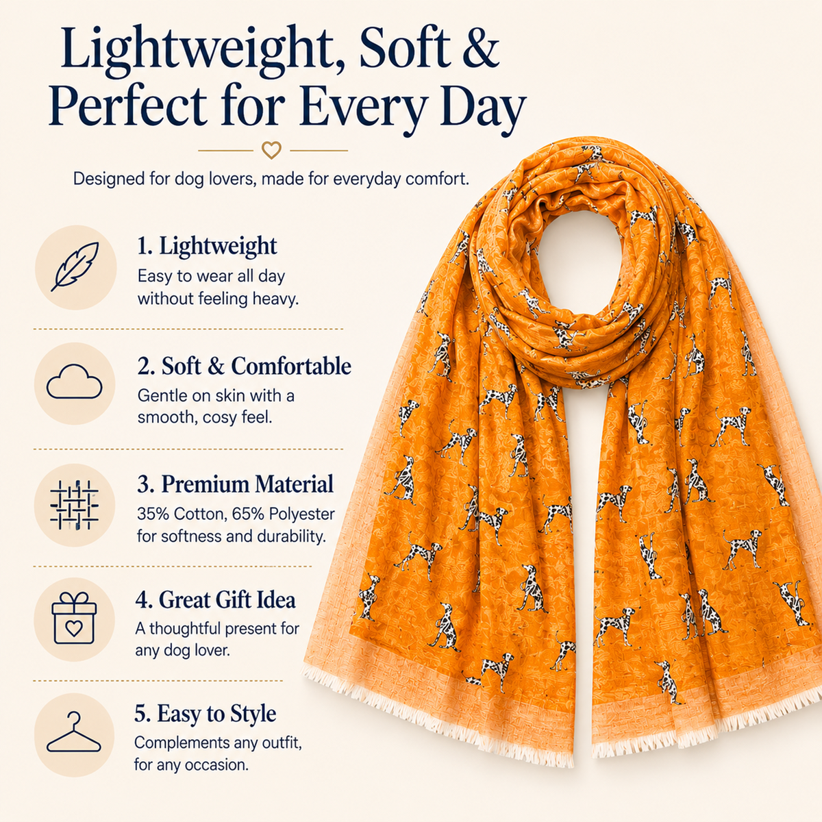 An orange scarf with a white and black Dalmatian dog print pattern, styled on a cream-colored background with promotional text highlighting its lightweight, soft, and premium qualities.