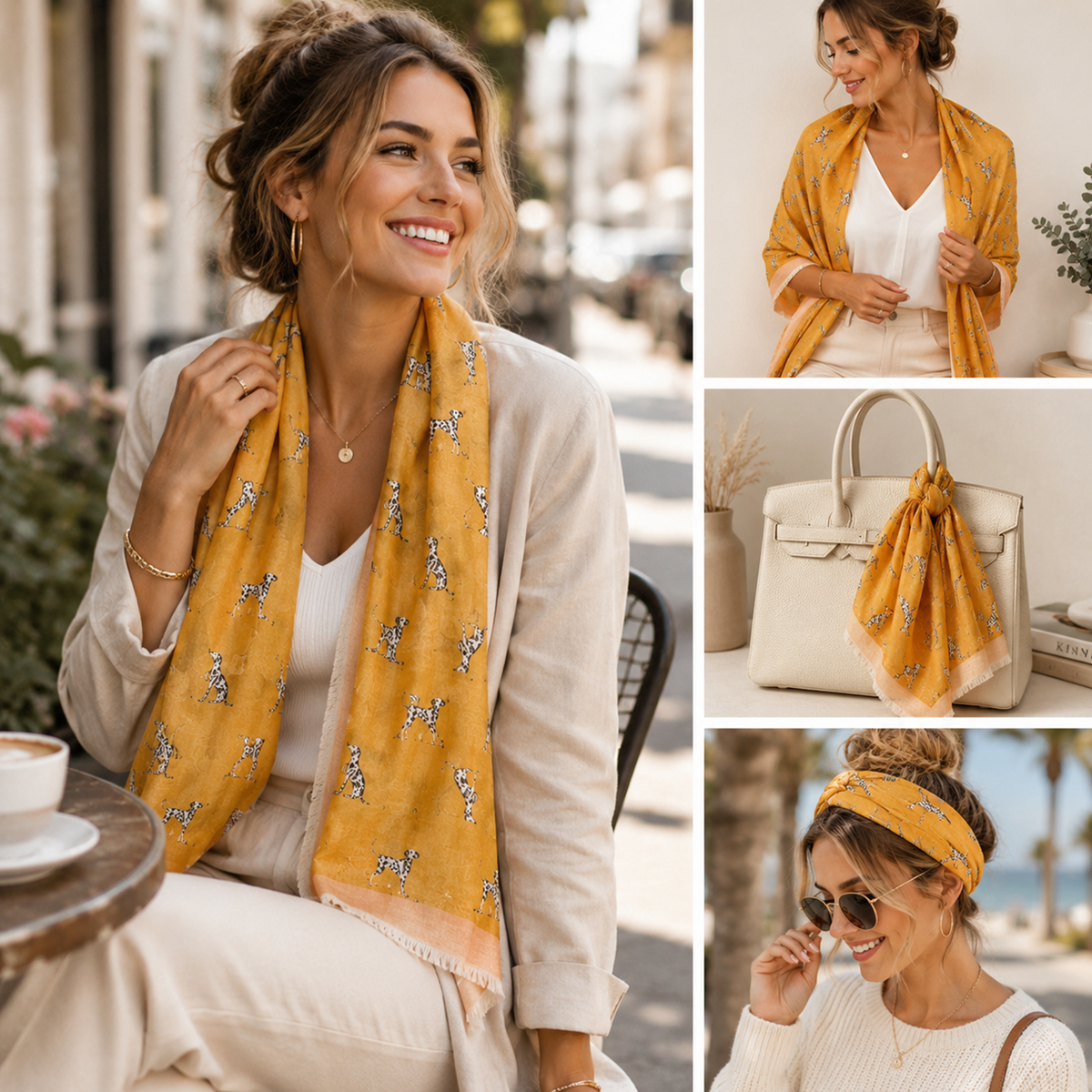 A woman wearing an orange Dalmatian dog patterned scarf styled in three lifestyle panels, including draped over her shoulders, wrapped as a headband, and shown hanging on a cream handbag beside a white handbag.