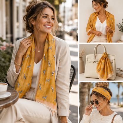 A woman wearing an orange Dalmatian dog patterned scarf styled in three lifestyle panels, including draped over her shoulders, wrapped as a headband, and shown hanging on a cream handbag beside a white handbag.