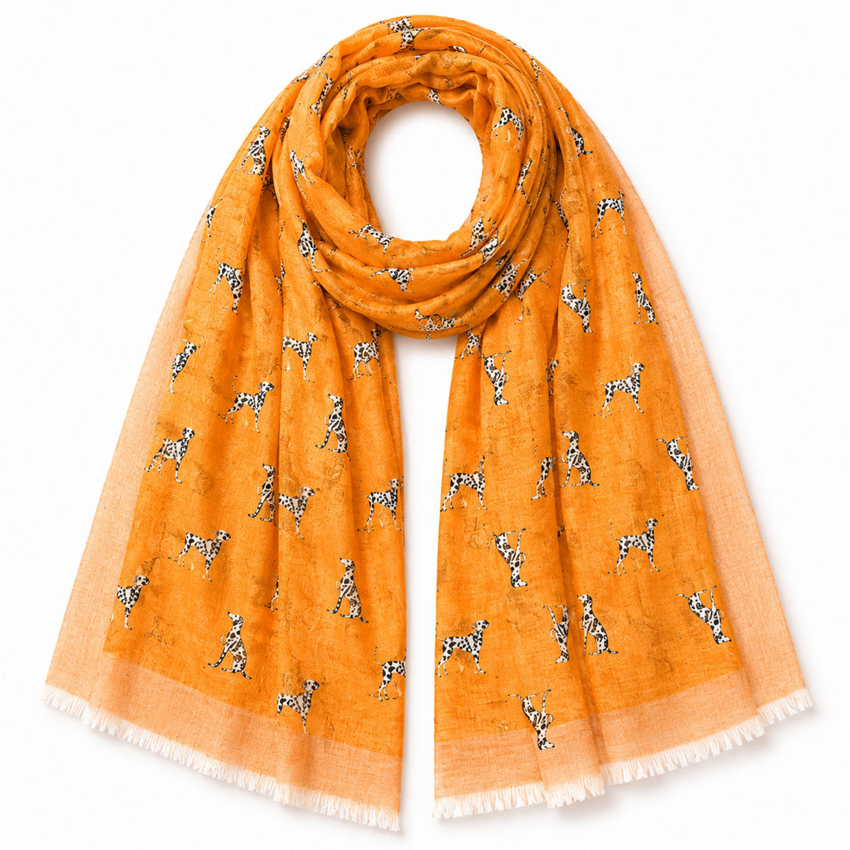 Orange scarf with black and white Dalmatian dog patterns on a white background