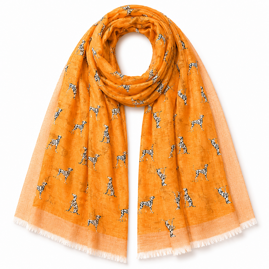 Orange scarf with black and white Dalmatian dog patterns on a white background