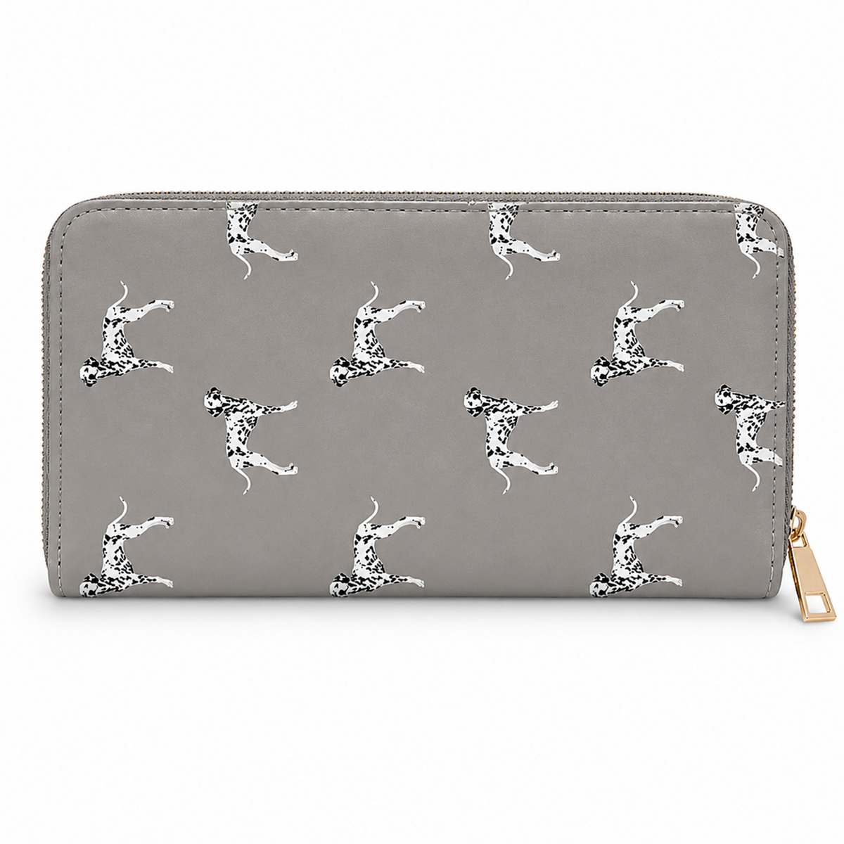 A grey zip-around wallet with an allover black-and-white dalmatian print, shown on a clean white background with a gold zipper pull.