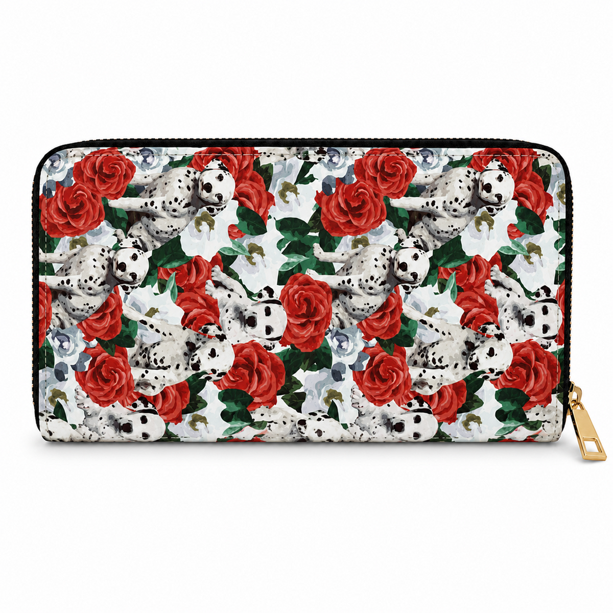 A zip-around wallet with a white background covered in a repeating pattern of red roses and Dalmatian puppies, finished with a black zipper and a gold-tone pull tab.