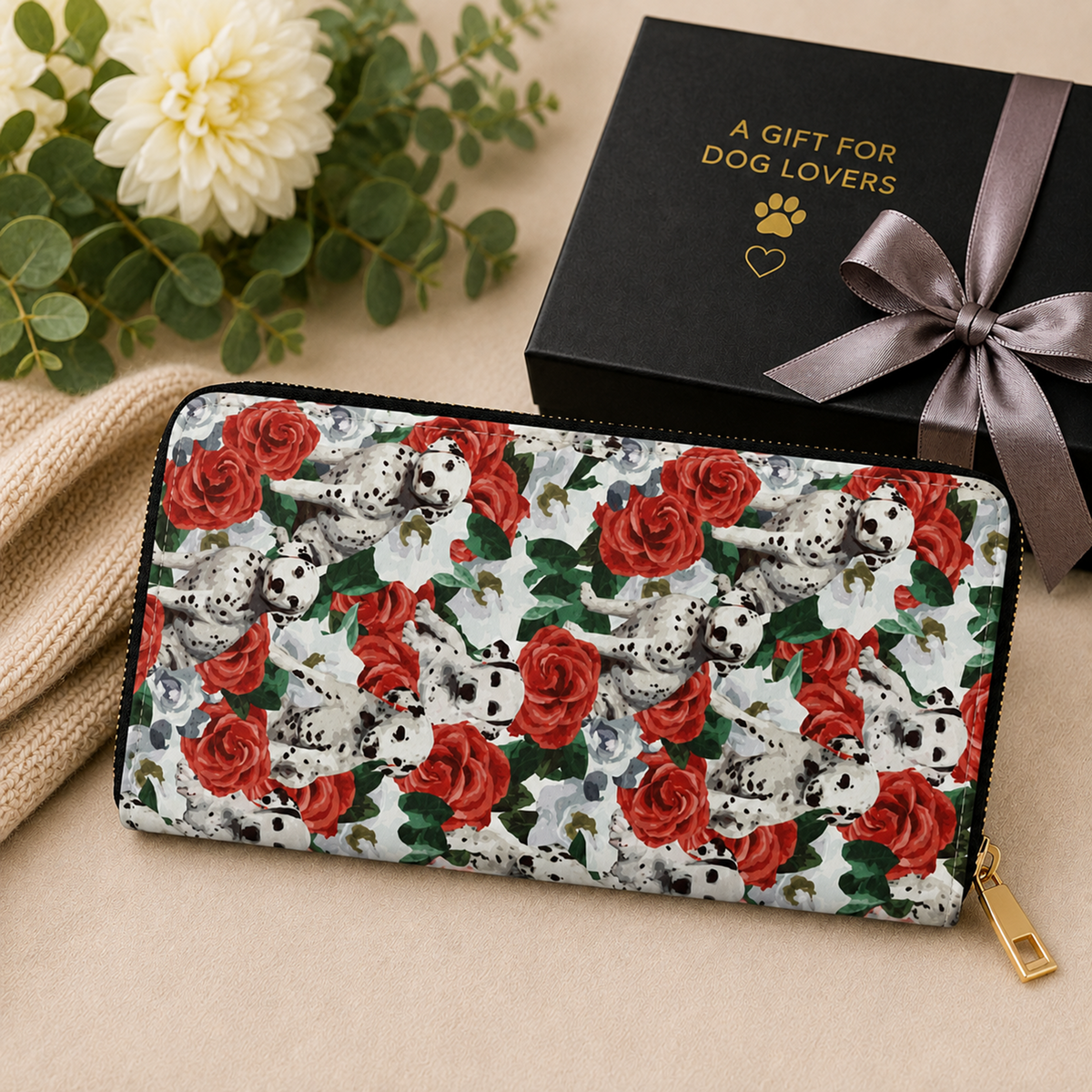 A long zip-around wallet with a Dalmatian and red rose print, displayed on a beige surface next to a black gift box with gold lettering and a ribbon.