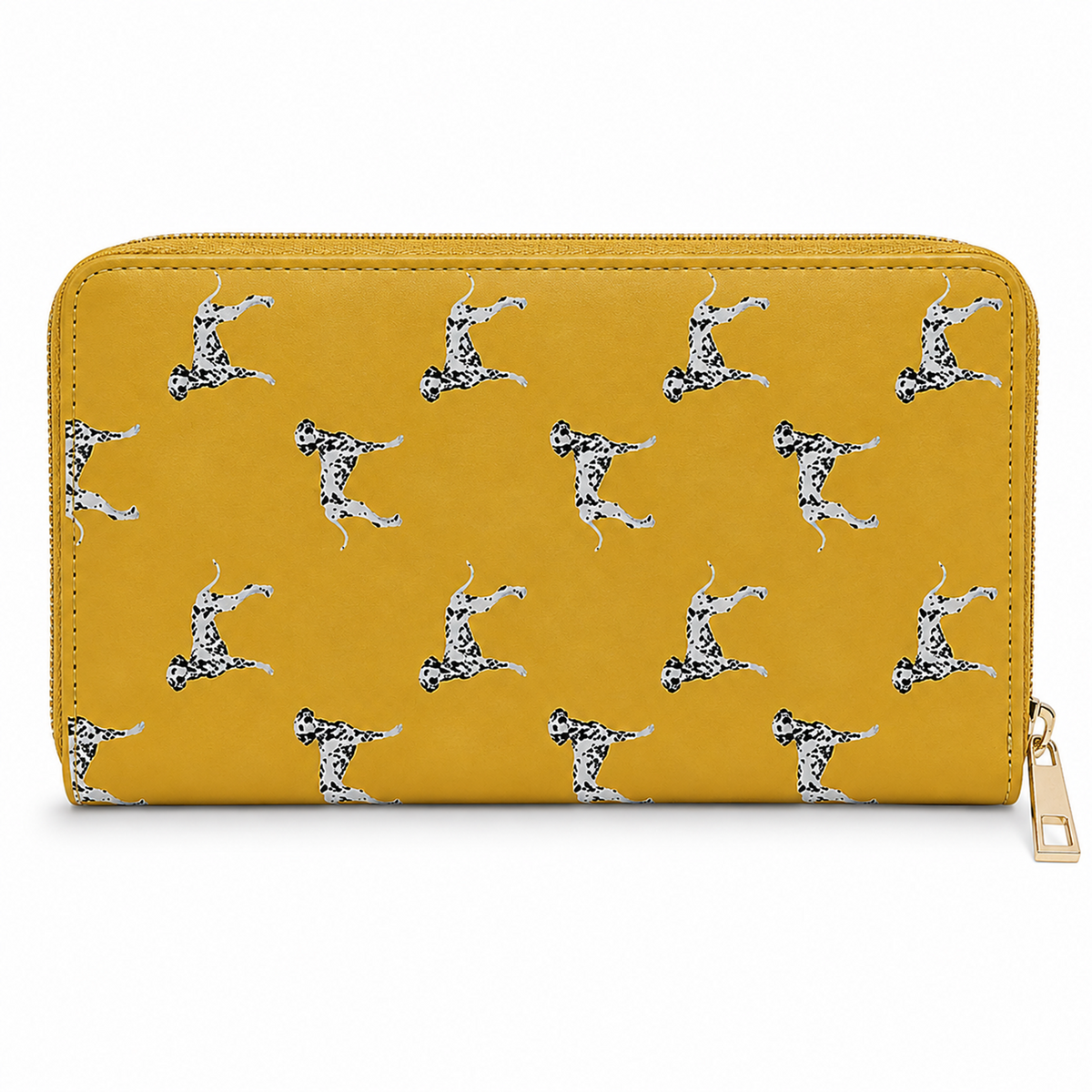A mustard zip-around wallet with a repeating pattern of black-and-white dalmatian dogs, shown on a clean white background.
