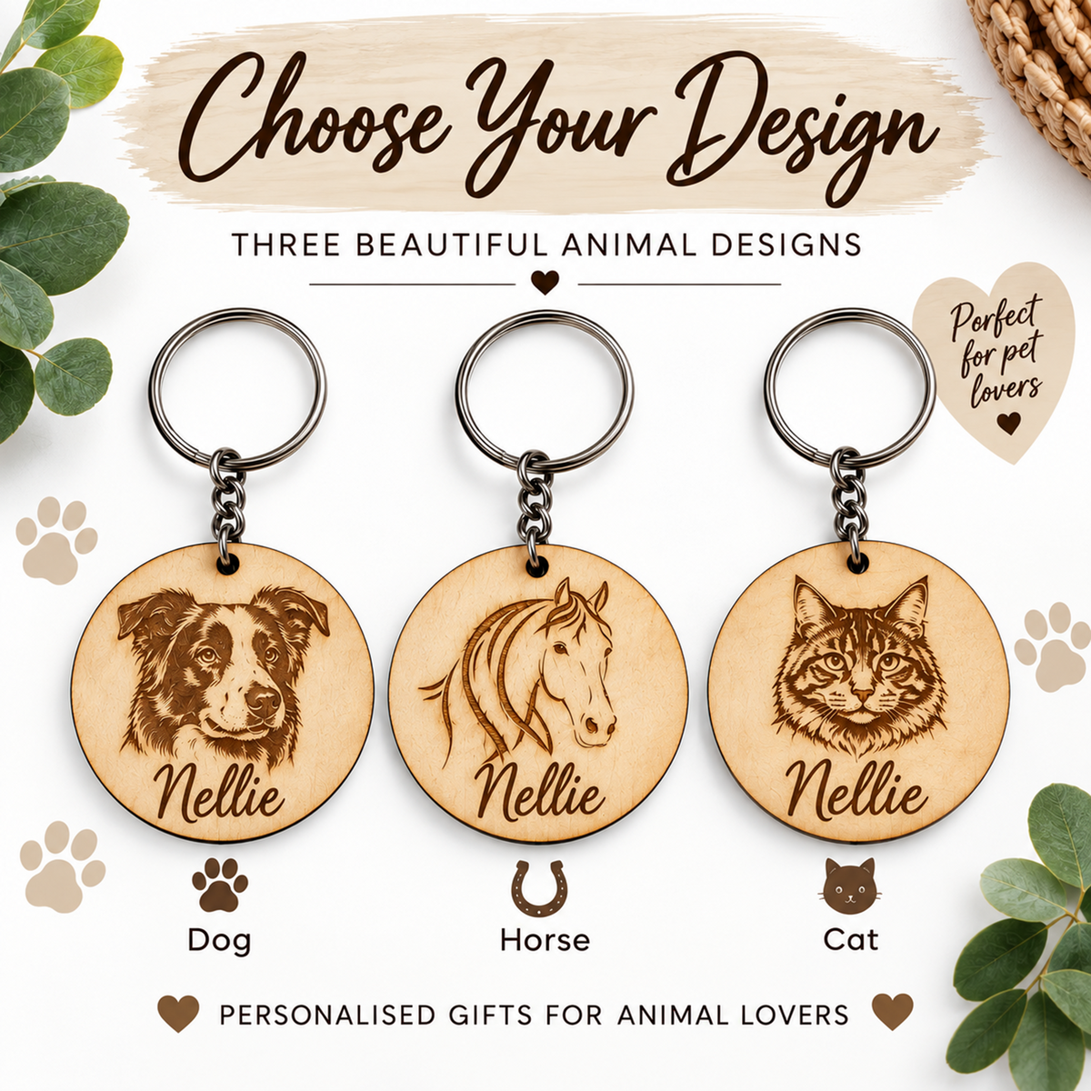 Three personalised wooden dog-themed keychains labeled 'Nellie' with engraved animal portraits, shown on a styled background with text reading 'Choose Your Design' and paw-print accents.