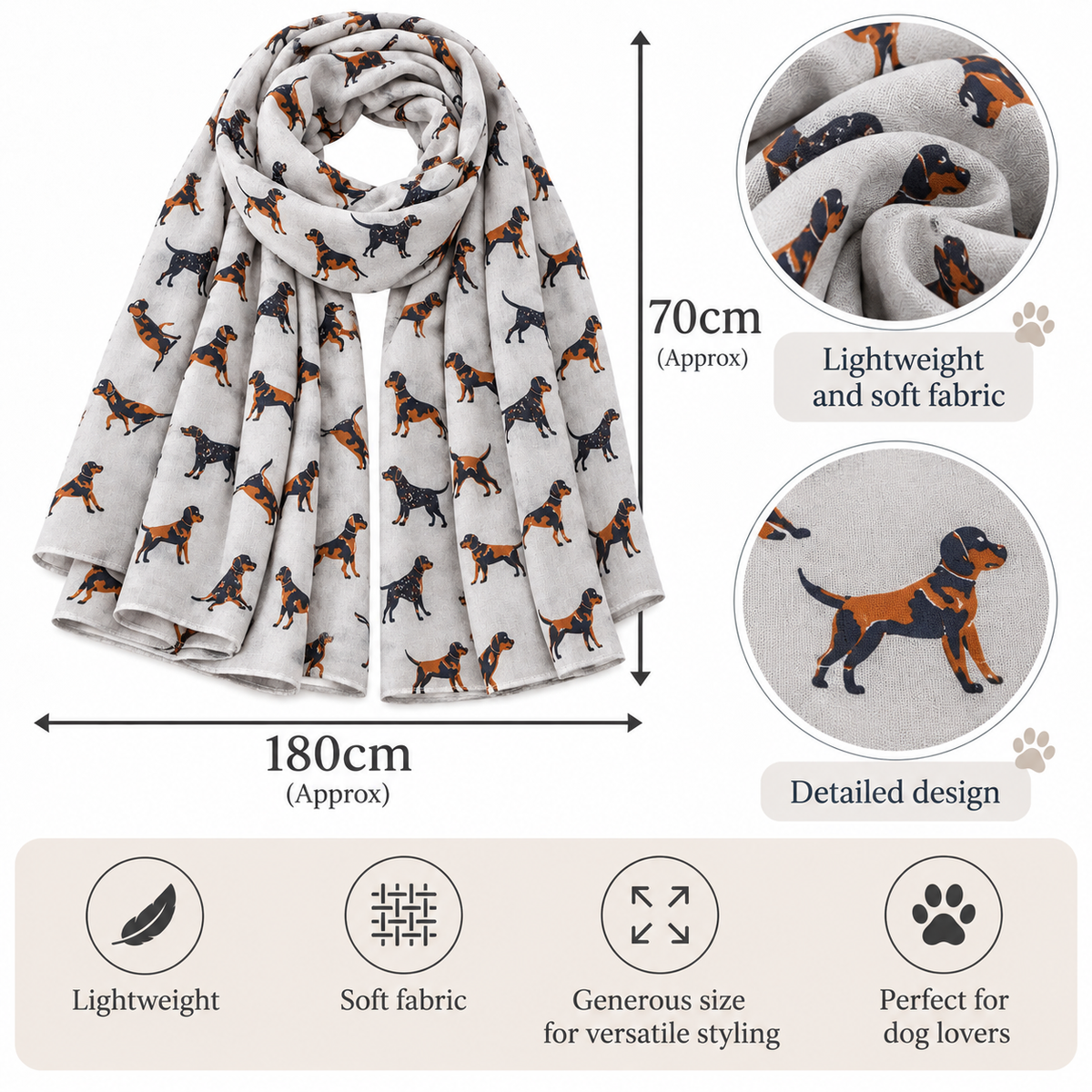 A lightweight scarf with an all-over dog print, shown with dimension markers indicating a length of 180cm and width of 70cm. The background is a grey color with four feature icons at the bottom highlighting its lightweight, soft fabric, generous size, and suitability for dog lovers.