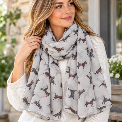 A woman wearing a light grey infinity scarf with a repeating print of small brown and black dogs, styled over a cream knit sweater in an outdoor setting.