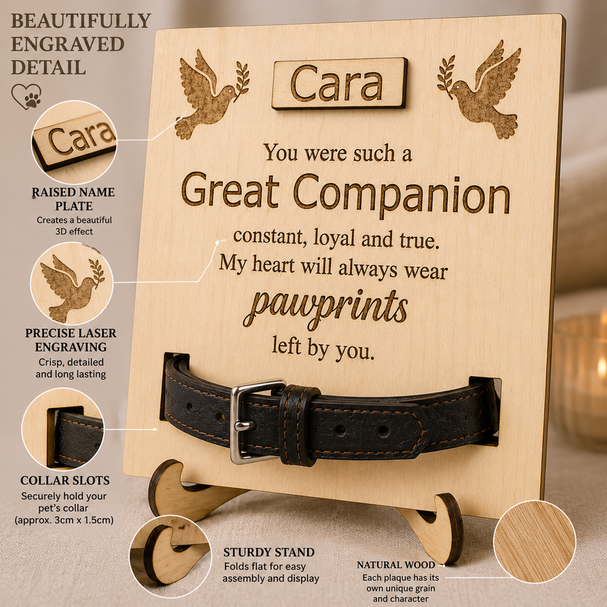 Personalised wooden paw print plaque engraved with a memorial message for 'Cara', shown with a black leather pet collar inserted into the collar slots at the bottom. The image includes callout circles highlighting engraved details, the raised name plate, laser engraving, collar slots, the sturdy stand, and the natural wood grain.