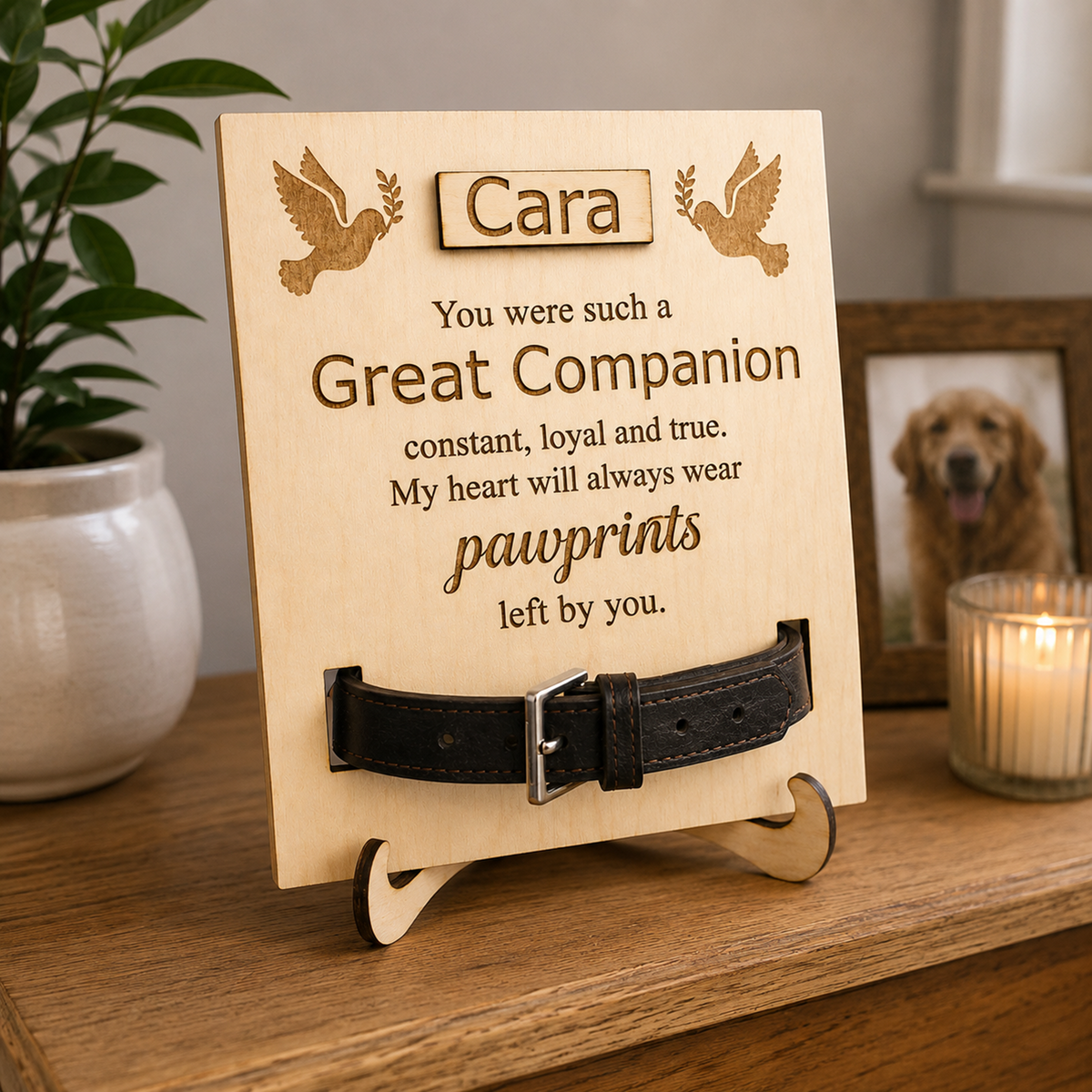 Personalised wooden pet memorial plaque engraved with a message for 'Cara' and a black leather pet collar displayed on a small stand, set on a wooden table with a potted plant and framed photo in the background.