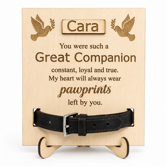 Personalised wooden pet memorial plaque on a small wooden stand, engraved with the name Cara and a pawprint-themed remembrance message, with a black leather collar displayed across the front.