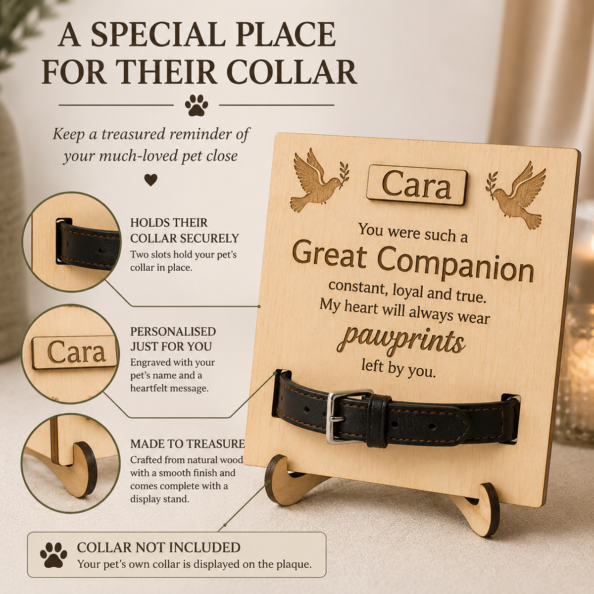 Personalised wooden pet memorial plaque display with a black pet collar shown on the engraved plaque. The image includes callout circles and text explaining that the plaque holds the collar securely, is engraved with the pet's name and message, and is made to treasure.