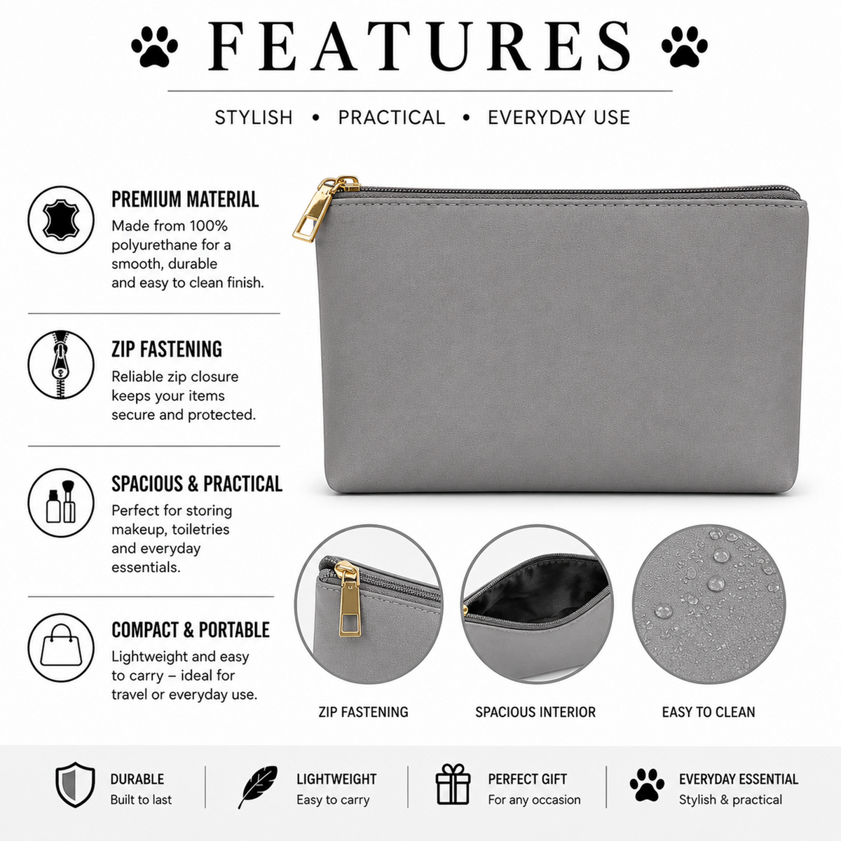 A grey zipped pouch with a gold zipper pull, shown on a light grey infographic background with text highlighting features such as premium material, zip fastening, spacious interior, and compact portability.