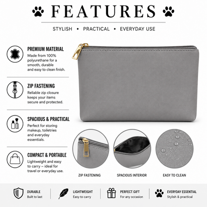 A grey zipped pouch with a gold zipper pull, shown on a light grey infographic background with text highlighting features such as premium material, zip fastening, spacious interior, and compact portability.