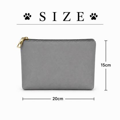 A zip cosmetic purse with a gold zipper pull shown on a white background with size annotations: 20cm width and 15cm height, under the heading SIZE with paw-print icons.