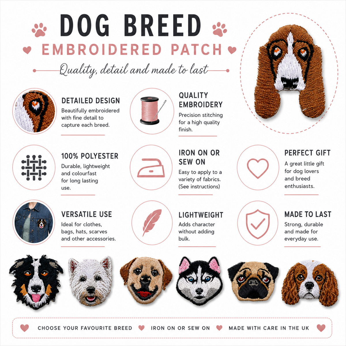 Promotional infographic for a dog breed embroidered patch, featuring a large circular patch design of a brown and white dog on the right, and nine smaller dog patch examples with feature callouts on the left. The text reads 'DOG BREED EMBROIDERED PATCH' and lists benefits such as detailed design, quality embroidery, polyester material, iron-on or sew-on use, and versatility.