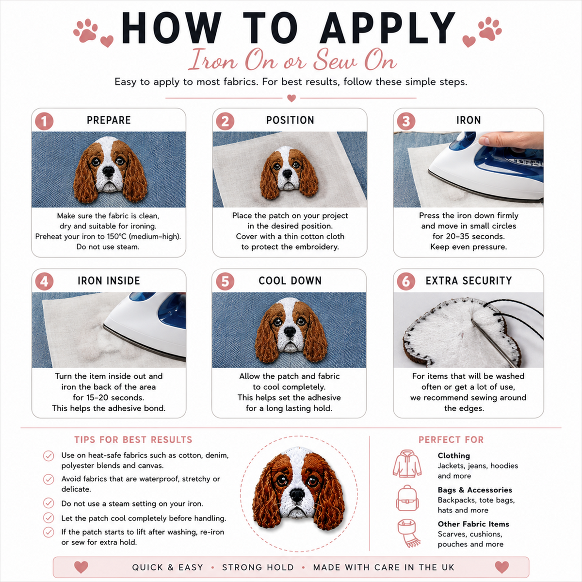 An instructional infographic titled 'HOW TO APPLY Iron On or Sew On' with six numbered panels showing a dog illustration and photos of an iron and fabric. It includes tips and a 'PERFECT FOR' section listing clothing, bags, accessories, and other fabric items.