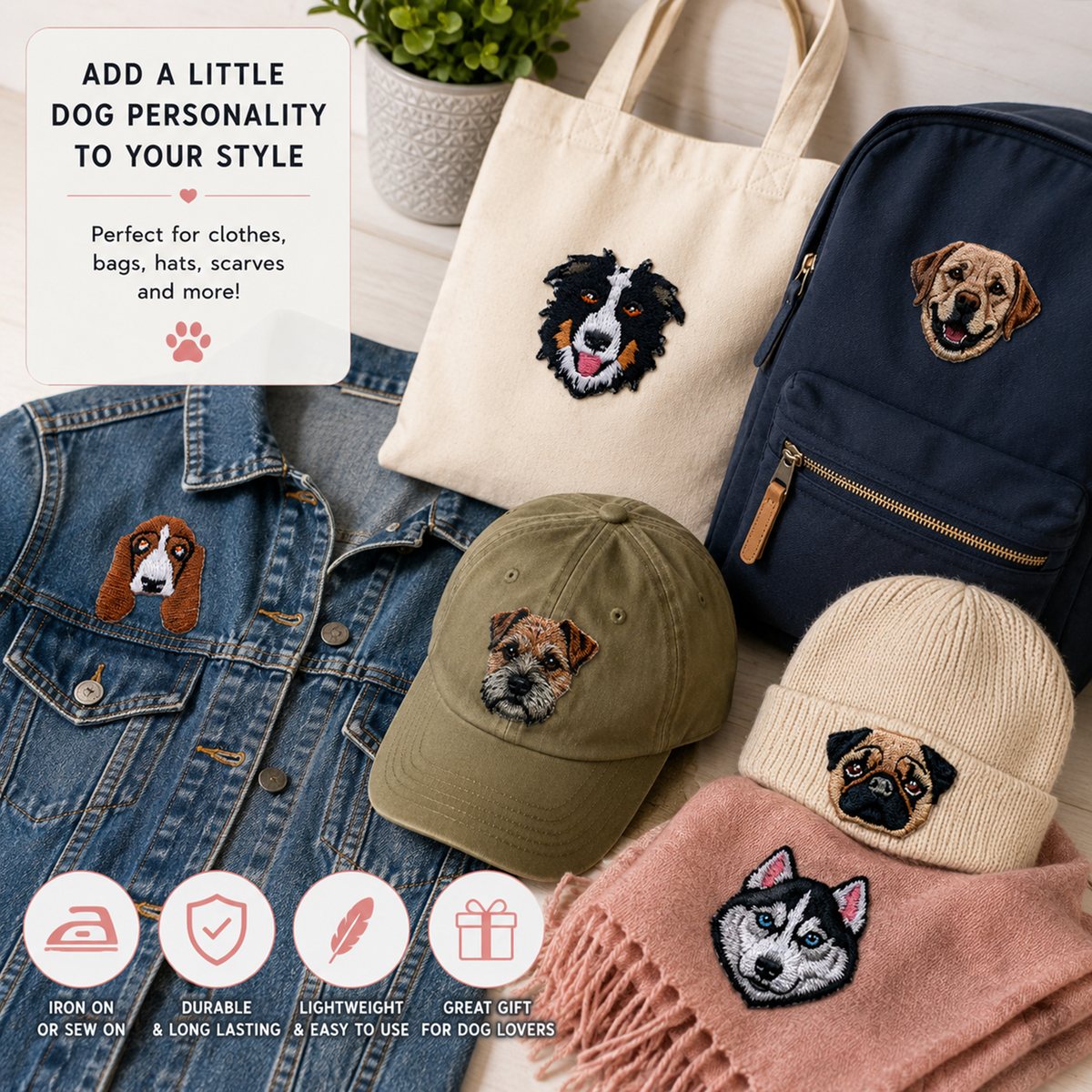 A styled flat-lay showing several embroidered dog-face accessories and apparel items arranged together on a light wood surface: a cream tote bag, a navy backpack, a denim jacket, an olive baseball cap, a cream beanie, and a pink knit scarf. Text in the upper left says, 'ADD A LITTLE DOG PERSONALITY TO YOUR STYLE' with a paw icon, and the bottom row shows iron-on / sew on, durable & long lasting, lightweight & easy to use, and great for dog lovers icons.