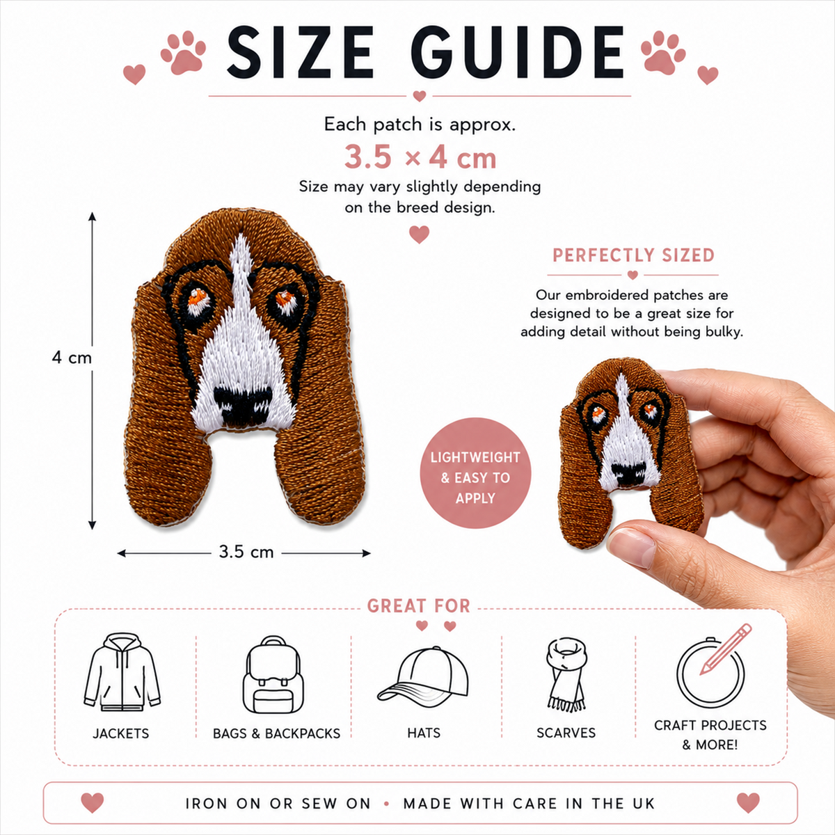 Size guide infographic for embroidered dog patch appliques, showing a large brown basset hound patch with dimensions 4 cm by 3.5 cm and a smaller hand holding a matching patch.