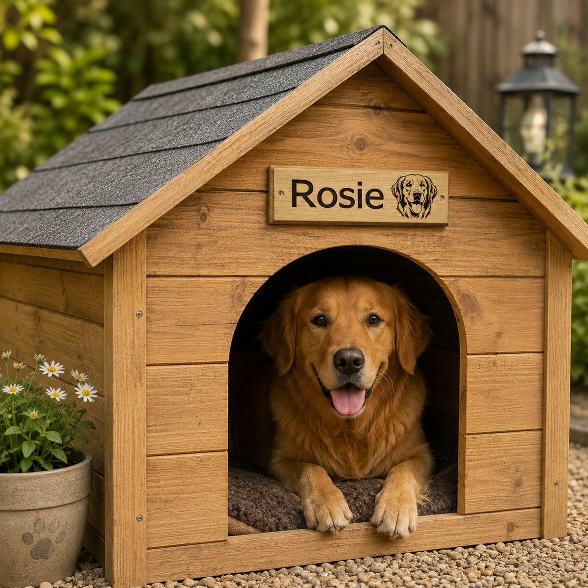 A golden retriever dog sits inside a wooden dog house with a grey shingled roof. The front door has an arched opening, and above it is a wooden kennel door sign engraved with the name 'Rosie' and a small dog illustration.