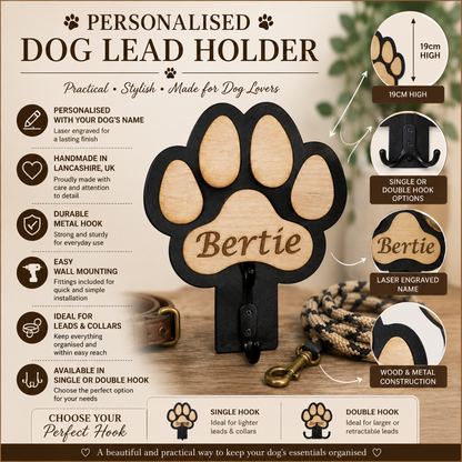 Personalised dog lead holder featuring a black metal hook with a wooden paw print insert and custom laser-engraved name 'Bertie'. The image is an infographic showing product features, dimensions (19cm high), material details, and hook options.