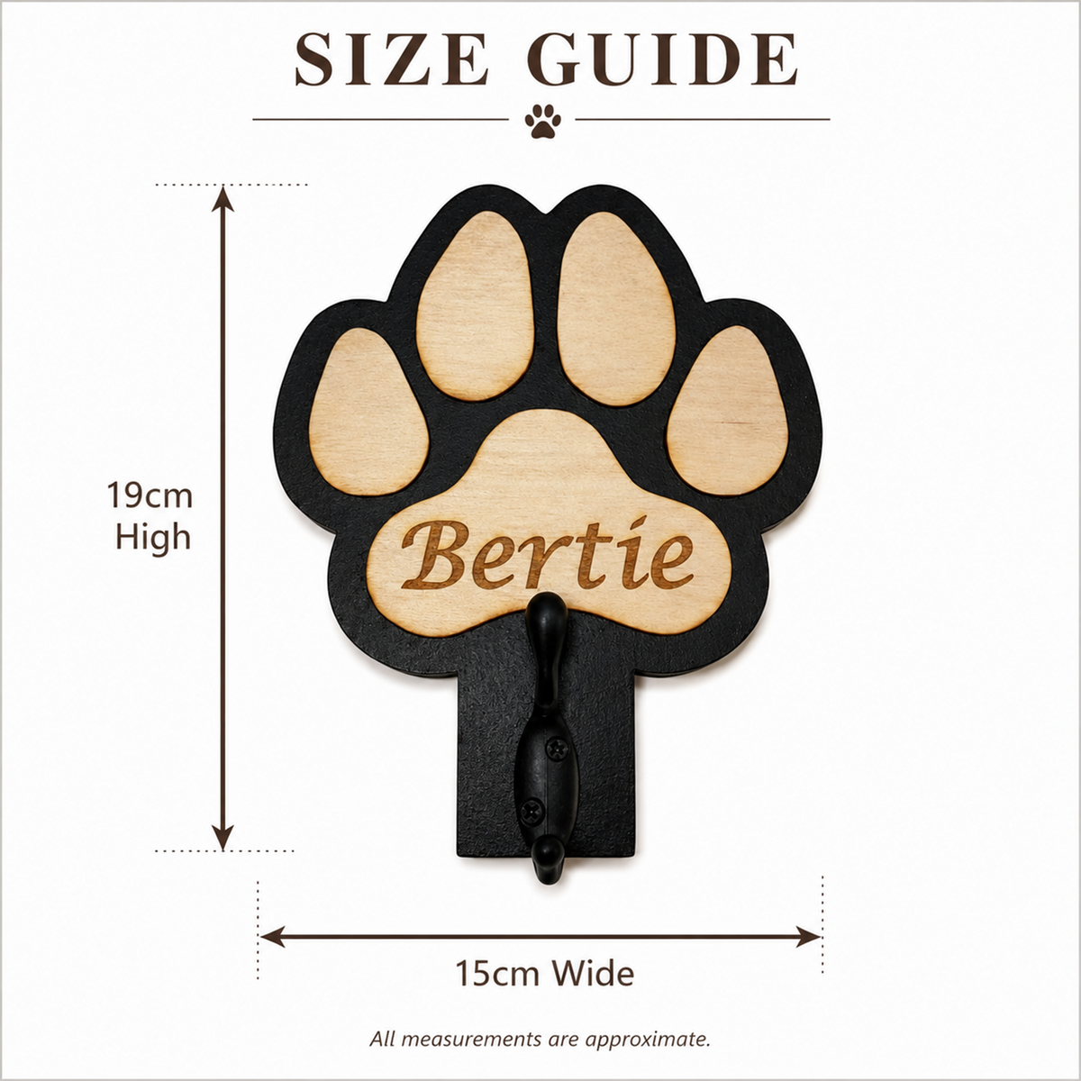 Size guide graphic for a paw-shaped wall hook with the name Bertie, showing approximate dimensions of 19cm high and 15cm wide on a white background.