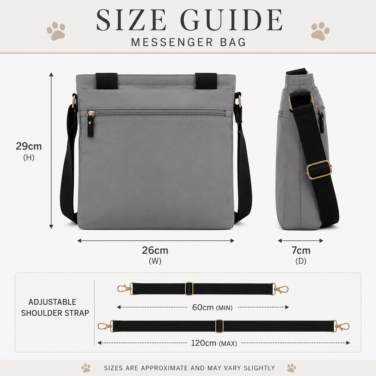Size guide for a messenger bag showing front and side views with dimensions: 29cm height, 26cm width, 7cm depth, and adjustable strap ranges from 60cm to 120cm. The bag is gray with black straps and gold-tone hardware.