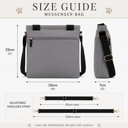 Size guide for a messenger bag showing front and side views with dimensions: 29cm height, 26cm width, 7cm depth, and adjustable strap ranges from 60cm to 120cm. The bag is gray with black straps and gold-tone hardware.