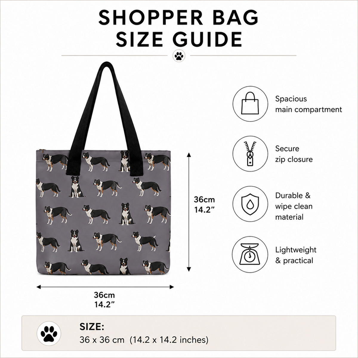 A size guide infographic for a grey dog shopper tote bag with a black-and-white dog print. The bag is shown on a white background with dimension labels indicating 36 cm by 36 cm (14.