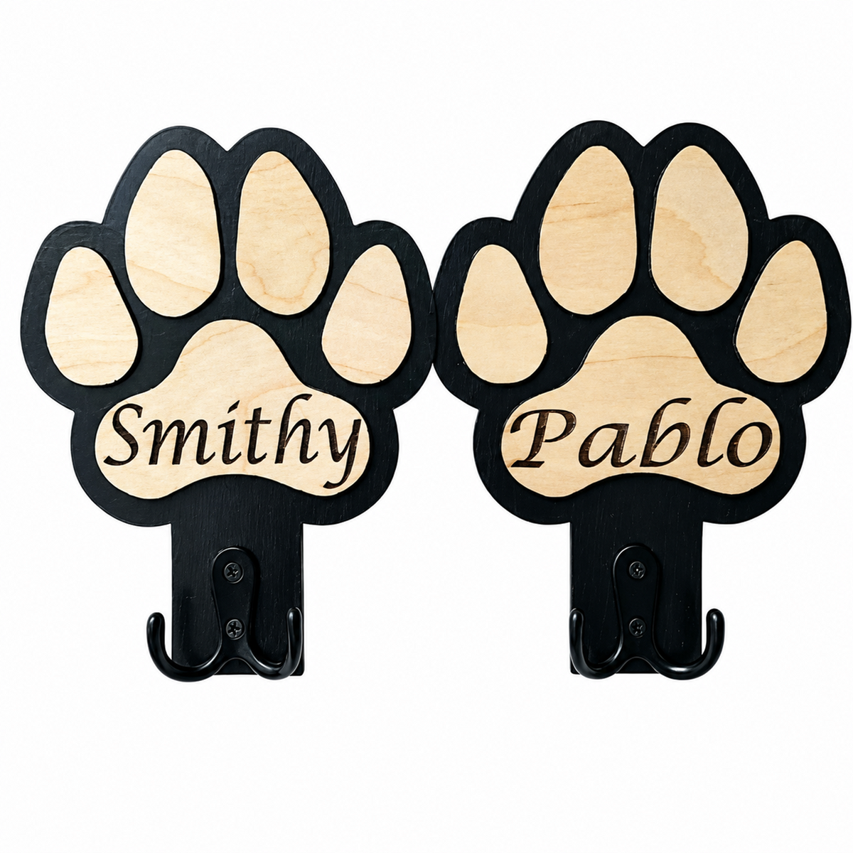 Double personalised dog lead holder with  hooks on a white background. The left hook is engraved with the name 'Smithy' and the right hook is engraved with 'Pablo'.
