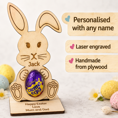 Personalised Easter Bunny Egg Holder – Wooden Rabbit Gift for Kids