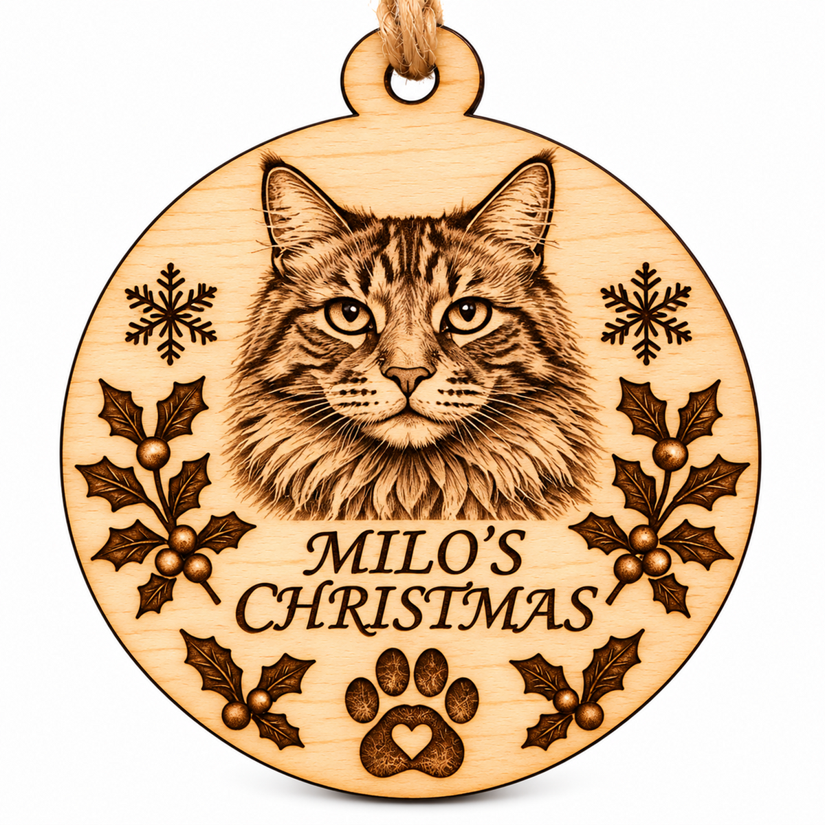 A round wooden pet memorial Christmas ornament engraved with a cat's face, the text 'MILO'S CHRISTMAS', holly leaves, snowflakes, and a paw print, shown on a white background.