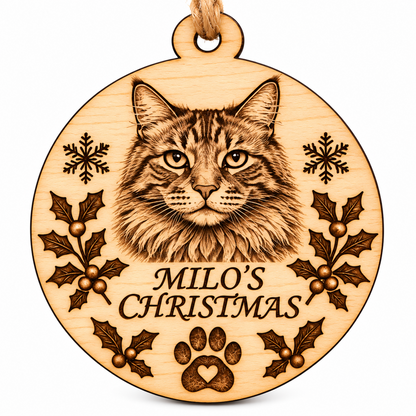 A round wooden pet memorial Christmas ornament engraved with a cat's face, the text 'MILO'S CHRISTMAS', holly leaves, snowflakes, and a paw print, shown on a white background.