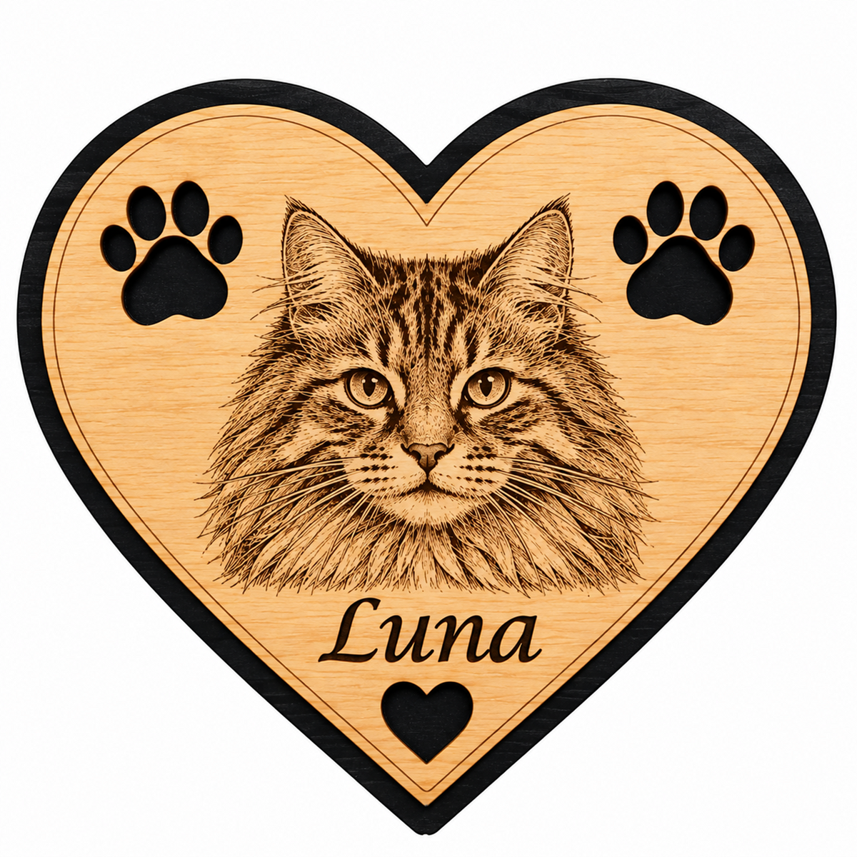 Personalised wooden heart fridge magnet featuring an engraved cat's face, paw prints and the name Luna, with natural wood finish and black border.