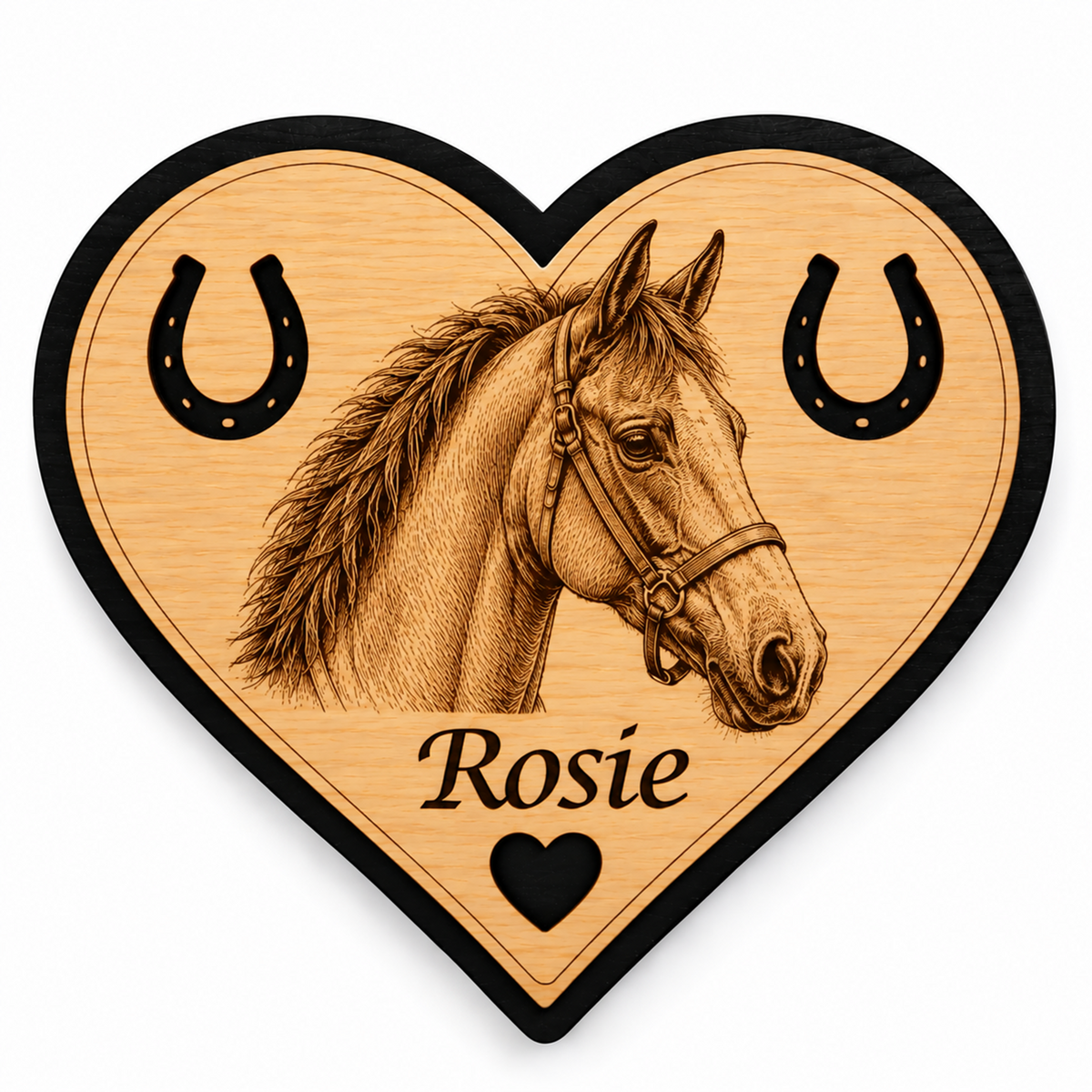 Personalised wooden heart fridge magnet featuring an engraved horse head, horseshoes and the name Rosie, with natural wood finish and black border.
