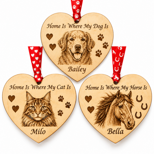 Personalised Wooden Pet Heart Decoration – Dog, Cat & Horse Designs
