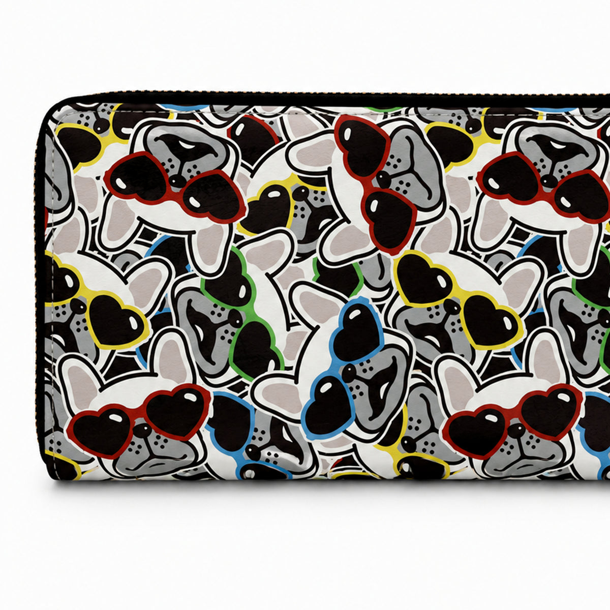 A zip-around wallet with an all-over cartoon French Bulldog faces and sunglasses pattern in black, white, grey, red, yellow, blue, and green on a white background.