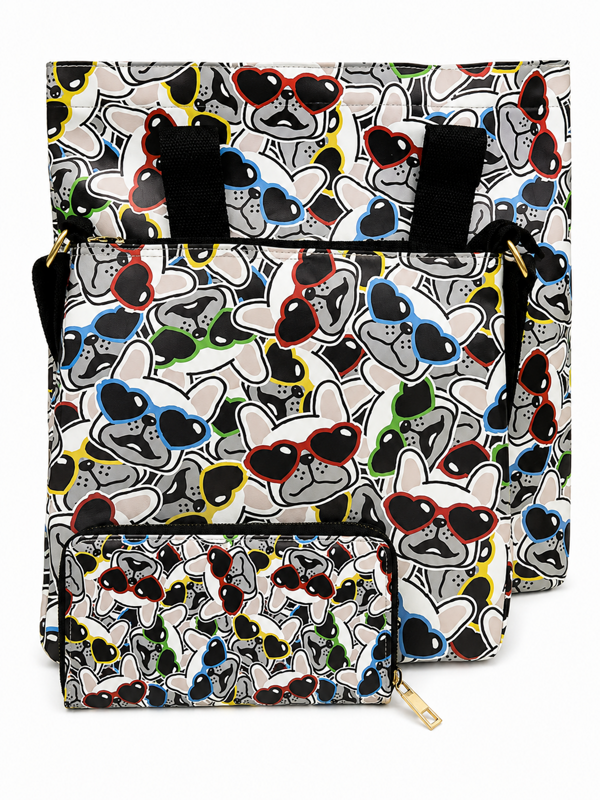A matching backpack, tote bag, and zip pouch set featuring a playful cartoon dog print with black, white, gray, red, blue, green, and yellow sunglasses, shown on a plain white background.