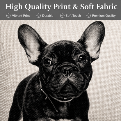 A close-up of a grey French bulldog portrait printed on a textured fabric, with a dark grey banner at the top reading 'High Quality Print & Soft Fabric' and feature checkmarks.
