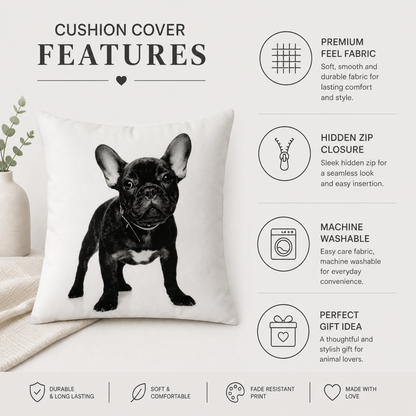 A white square cushion cover featuring a grey French bulldog, shown on a styled bed with text callouts listing features like premium feel fabric, hidden zip closure, machine washable, and perfect gift idea.