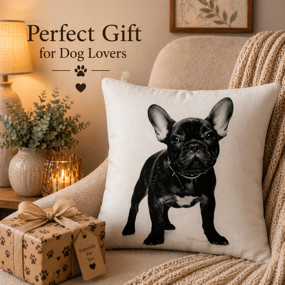 A square cushion cover featuring a grey French bulldog, styled on a beige armchair in a cosy living room setting with a wrapped gift box and warm ambient lighting.